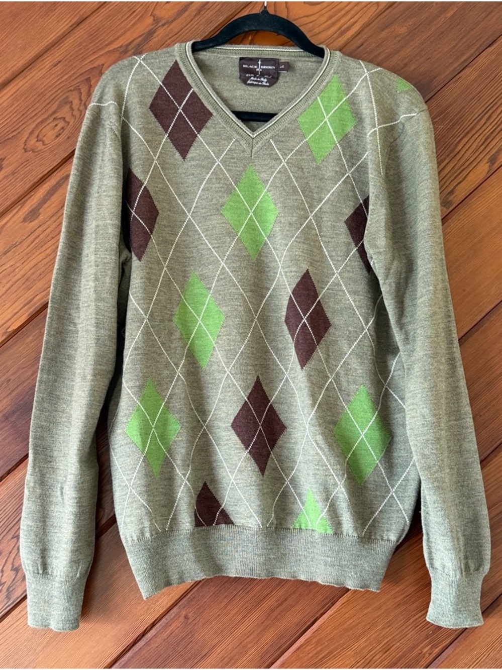 Black Brown 1826 100% Merino Wool Argyle V-Neck Sweater Men's Large Made Italy